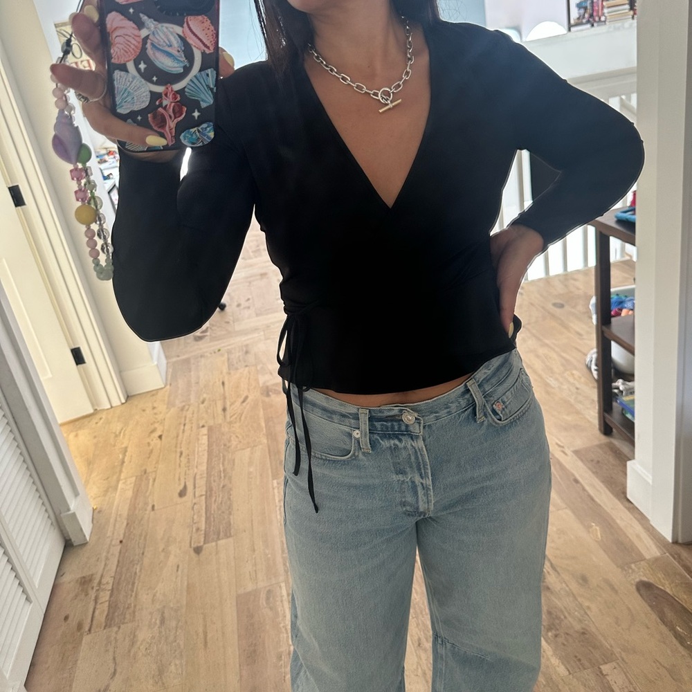 BCBGeneration Black Long Sleeve Wrap Crop Blouse